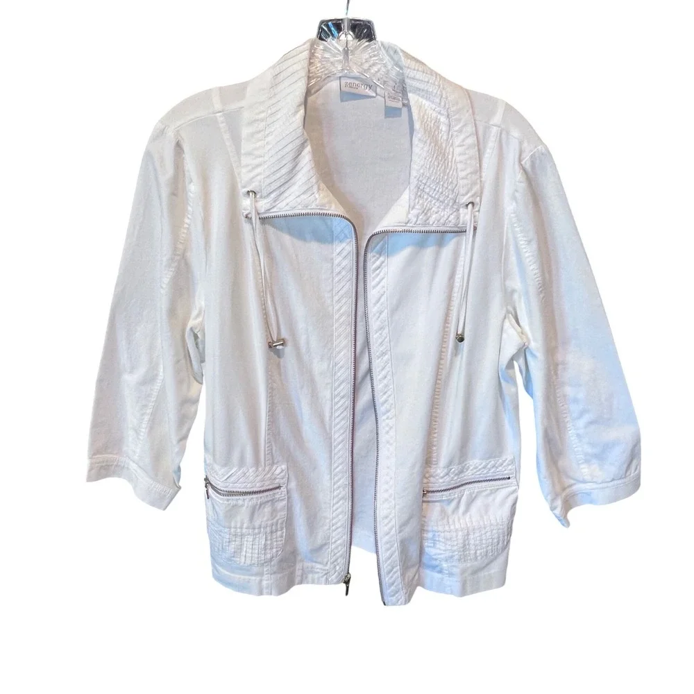 Zenergy by Chico's White Zip Up Jacket Textured Pintuck 3/4 Sleeve Size Medium